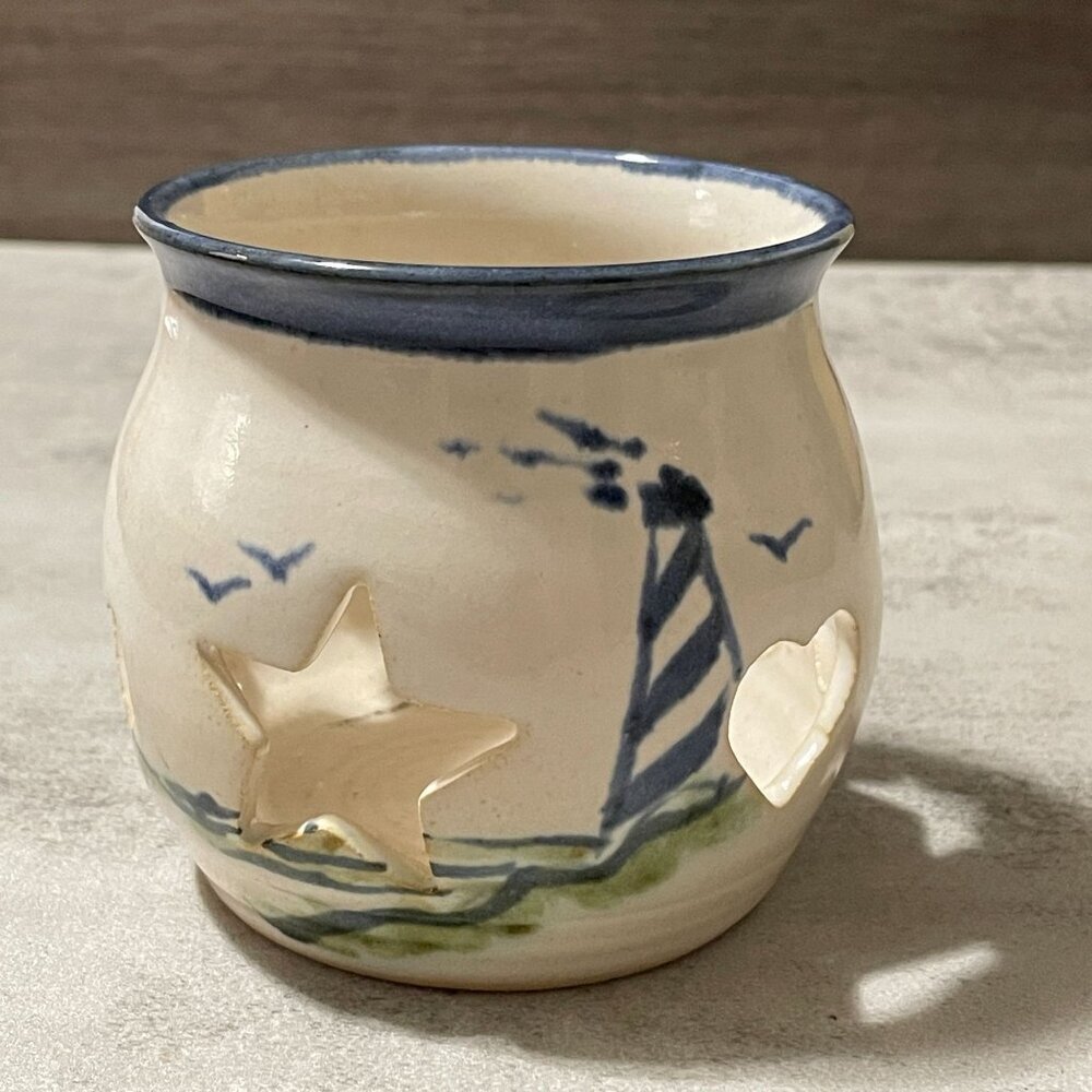 Nancyware on the Outer Banks Lighthouse Cutout Candleholder Art Pottery 3.25" H